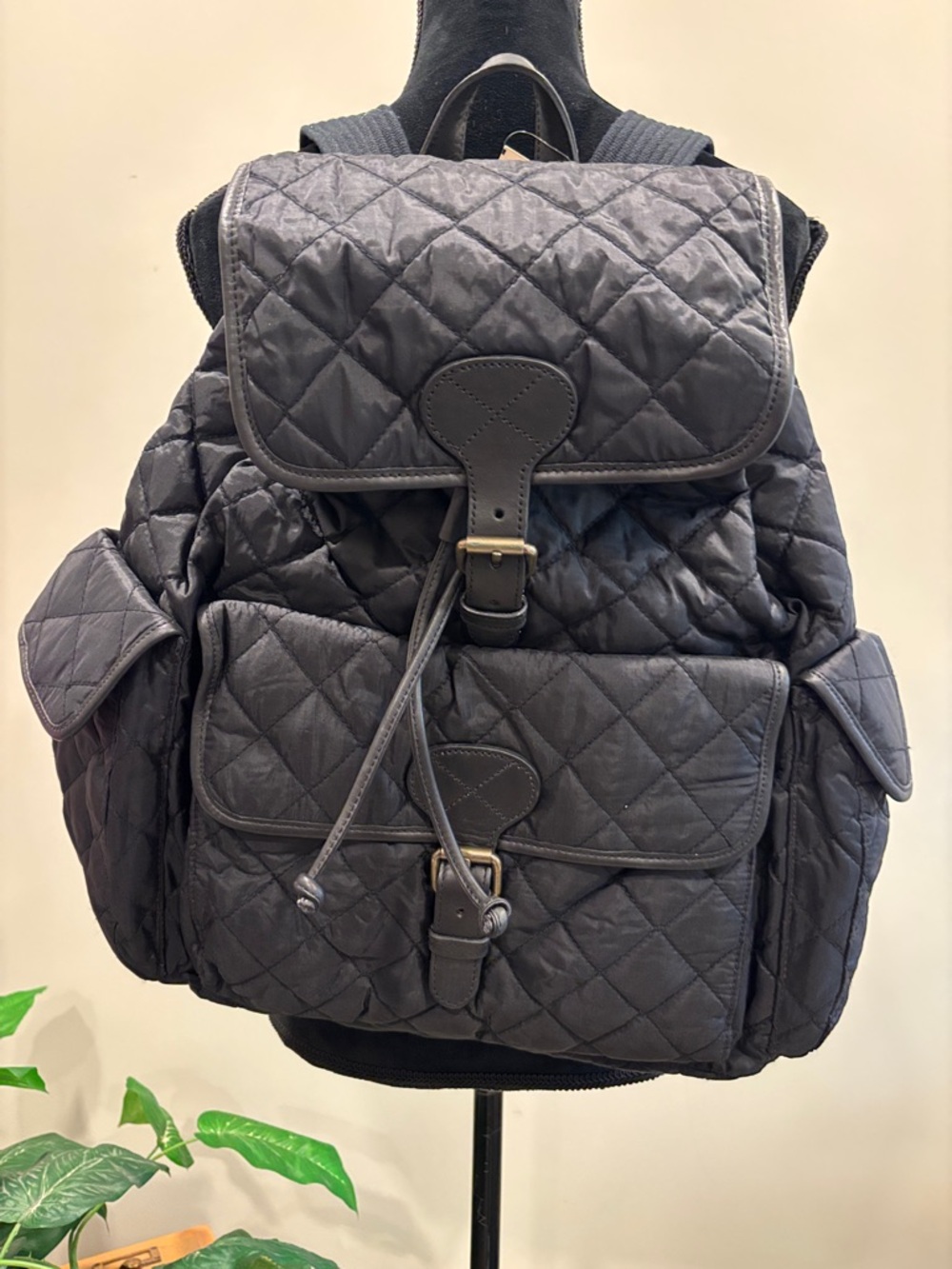 J. Crew Factory Quilted Drawstring Nylon Backpack with Buckles in Black NWT